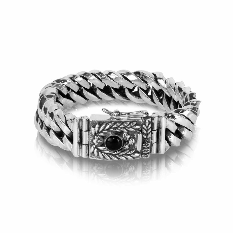 PADI KAPAS CURB Chain Large Bracelet with Black Onyx Round Stone (049 BSKS-L)